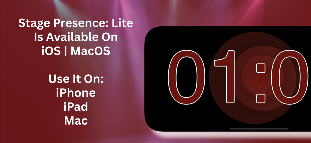 Stage Presence: Lite - Pantalla promocional de Stage Presence Lite que muestra la compatibilidad con iPhone, iPad y Mac con un gran temporizador digital para actuaciones en vivo