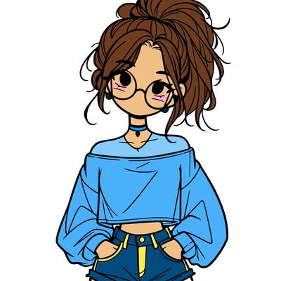 girl with a messy ponytail glasses a baggy crop top and jean shorts