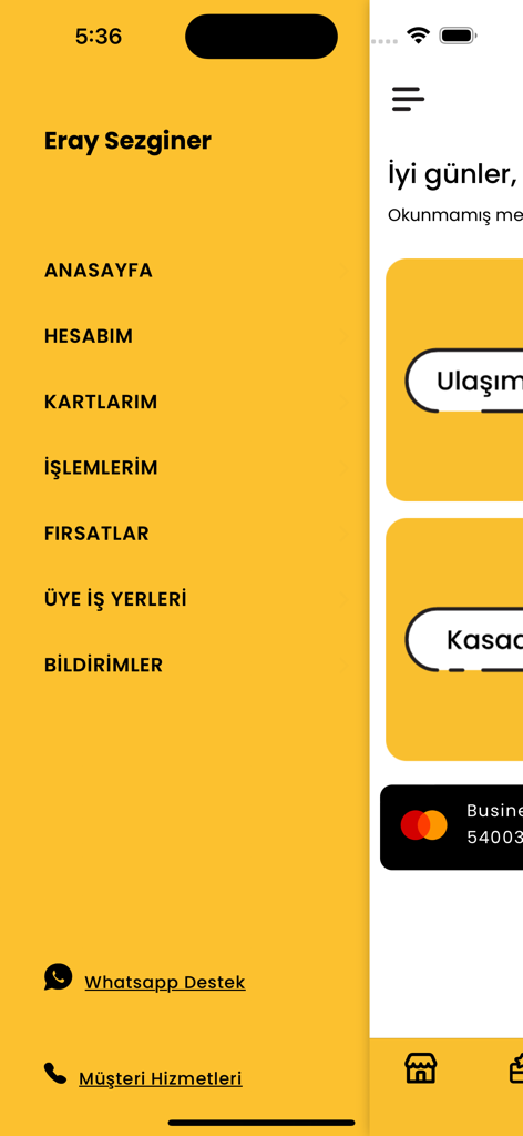 Menú de navegación lateral de la aplicación de billetera móvil Beemo mostrando opciones de cuenta y transacciones