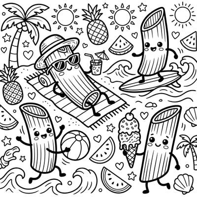 Get ready for a super cute summer adventure with our Kawaii Penne Pasta coloring page! These adorable pasta characters are enjoying a vibrant beach day filled with sun, surf, and sweet treats.