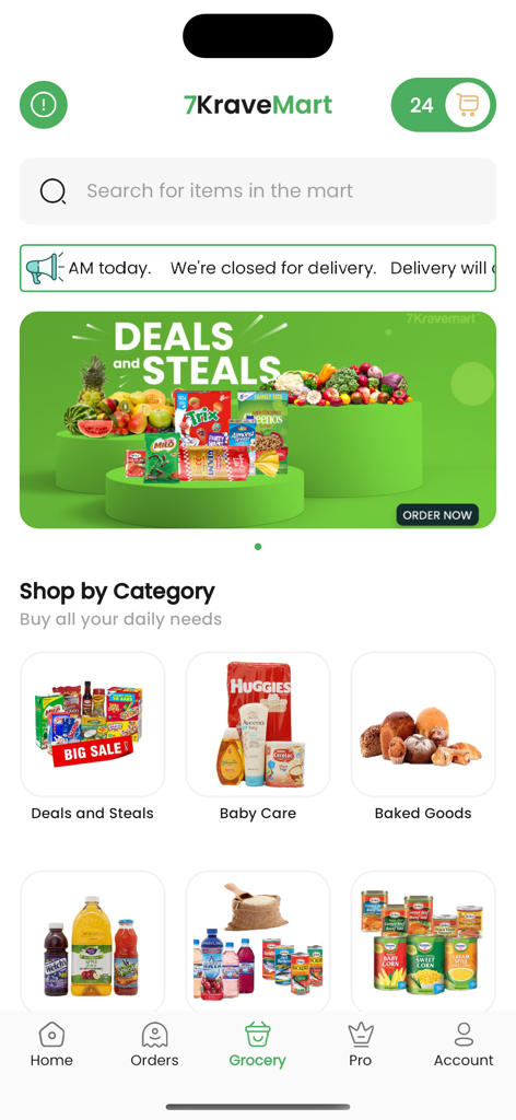 7Krave Food & Marketplace - Interface do aplicativo 7Krave mostrando categorias de supermercado e ofertas para entrega na Jamaica