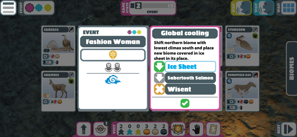 Neanderthal board game Premium - Screenshot of Neanderthal board game showing the global cooling event card and game icons
