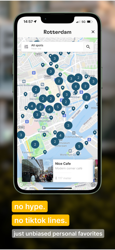 Spotted by Locals City Guides - Spotted by Locals app interface showing an interactive map of authentic local spots in Rotterdam with a cafe recommendation.