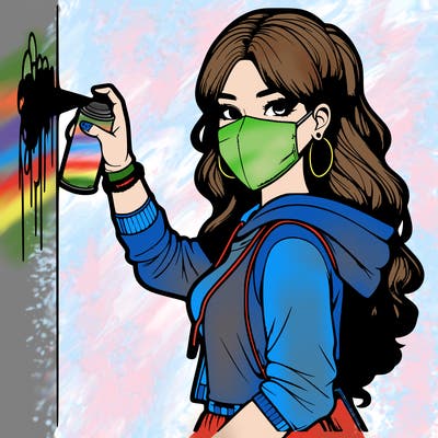 realistic girl with mask spray painting a wall