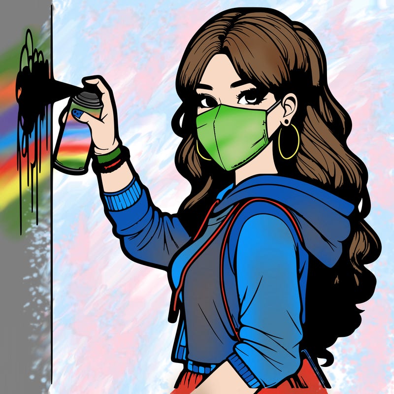 realistic girl with mask spray painting a wall