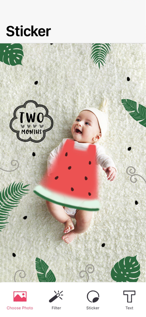 Screenshot of the Baby Book Folio app showing a two month old baby photo edited with stickers