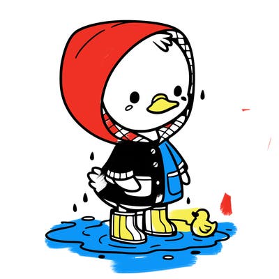 baby duck in a rain coat and boots, in a puddle while it’s raining