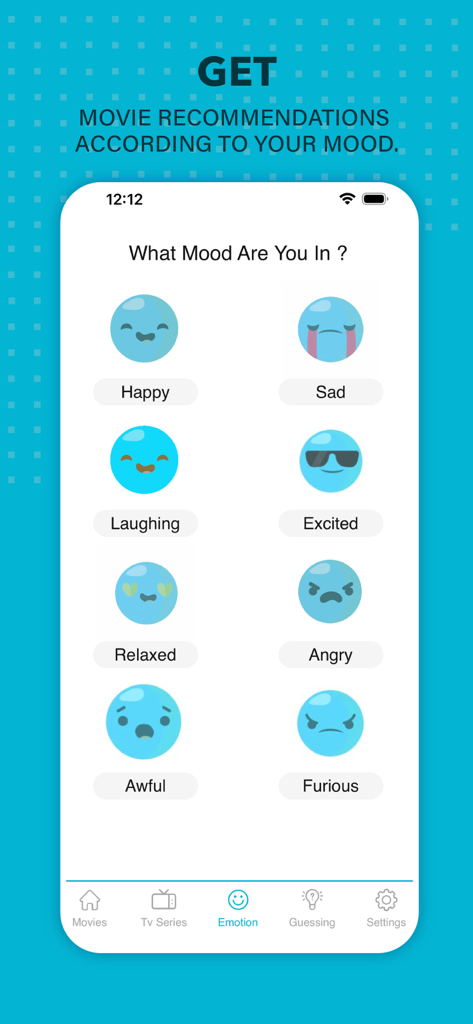 MyFlixer : Movies & Series Hub - A mobile app interface from MyFlixer showing various mood options like happy and sad to get personalized movie recommendations.