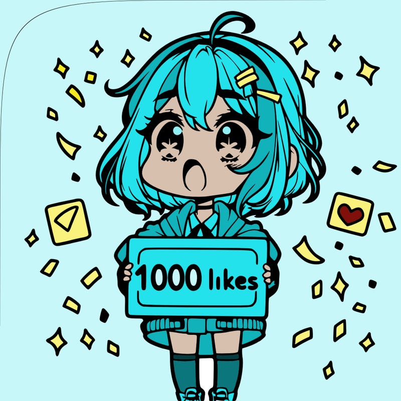 a chibi girl with a shocked expression with a sign that says "1000 likes" with confetti around her