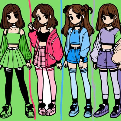 one girl with crop-top shirt and a jacket with a skirt, long socks and another girl with a shirt and pants with a jacket