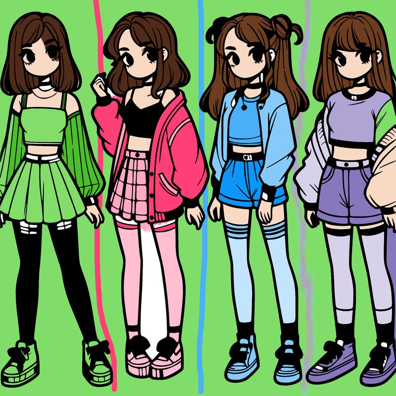 one girl with crop-top shirt and a jacket with a skirt, long socks and another girl with a shirt and pants with a jacket