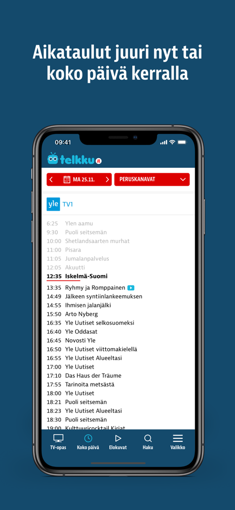 Telkku - TV-opas - Smartphone screen displaying the daily TV schedule for Finnish channel Yle TV1 on the Telkku app.
