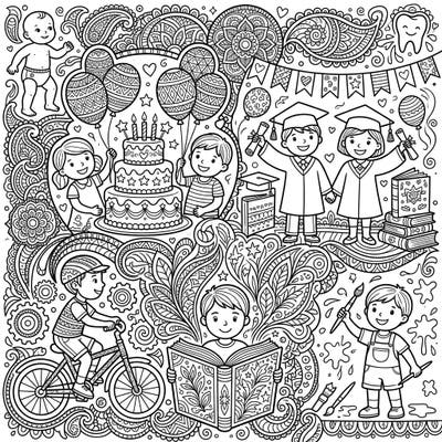 Embark on a nostalgic coloring journey with this delightful page, celebrating all the precious childhood milestones. From first steps to graduations, it's packed with joyous moments ready for your creative touch.