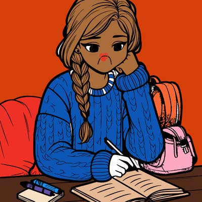 teenage girl doing homework in a comfy sweater