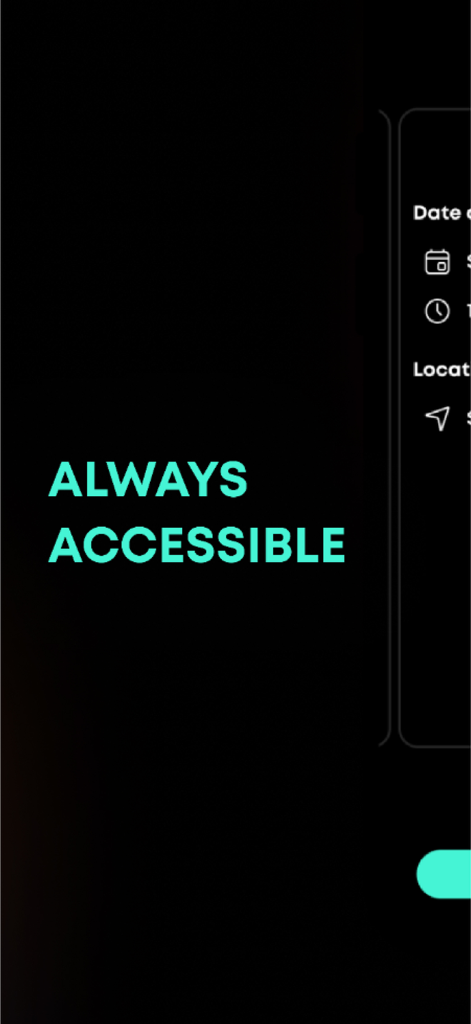 La interfaz de la aplicación Frisson Events muestra el texto Siempre Accesible junto con los detalles de fecha, hora y ubicación del evento.