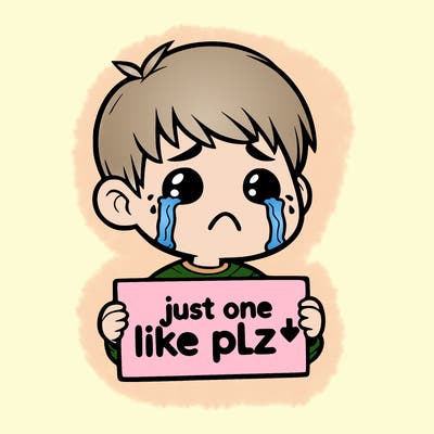 realistic crying boy with a sign saying just one like plz