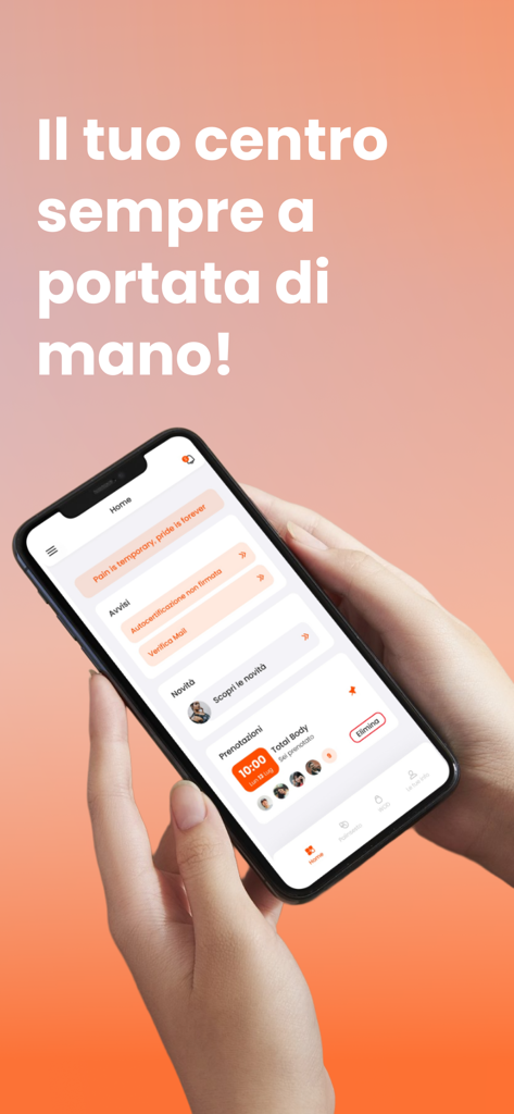 A person holding a smartphone displaying the APP Palestre home screen with class bookings and gym notifications