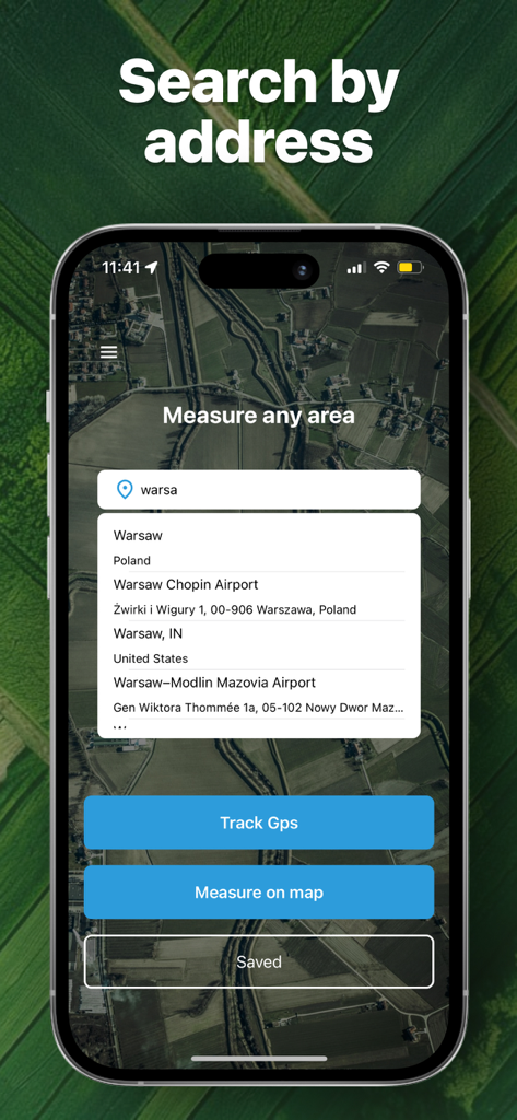 Field MapS - Measure Land GPS - Pantalla de smartphone que muestra la funcionalidad de búsqueda de direcciones en una aplicación de medición de terrenos sobre una vista de mapa satelital