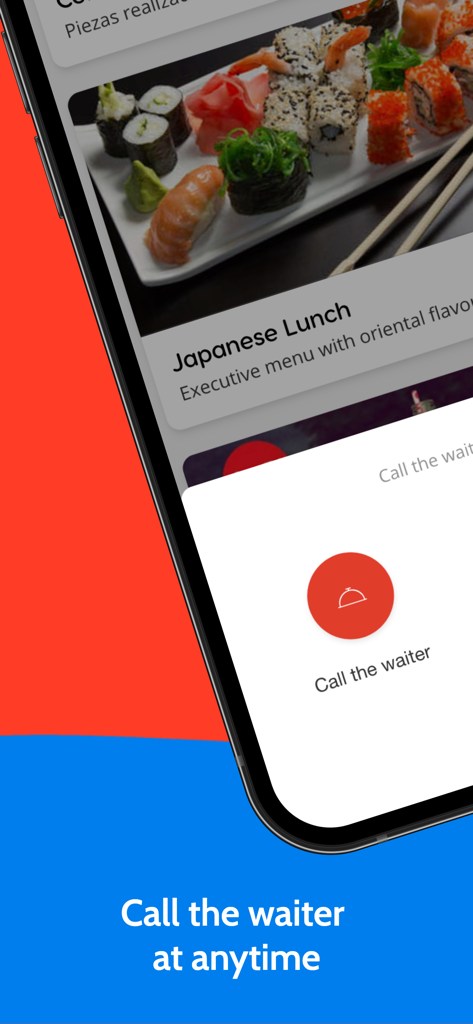 Waitry: Digital Restaurants - Pantalla de la aplicación móvil Waitry que muestra un menú de restaurante digital con un botón para llamar al camarero