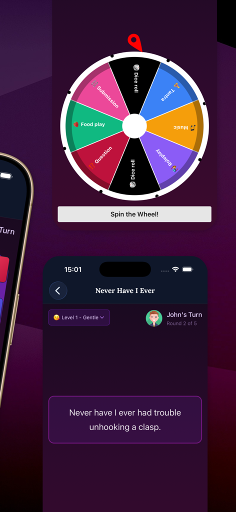 Foreplay: Couples Games - Foreplay app interface showing the Wheel of Passion game and a Never Have I Ever question card