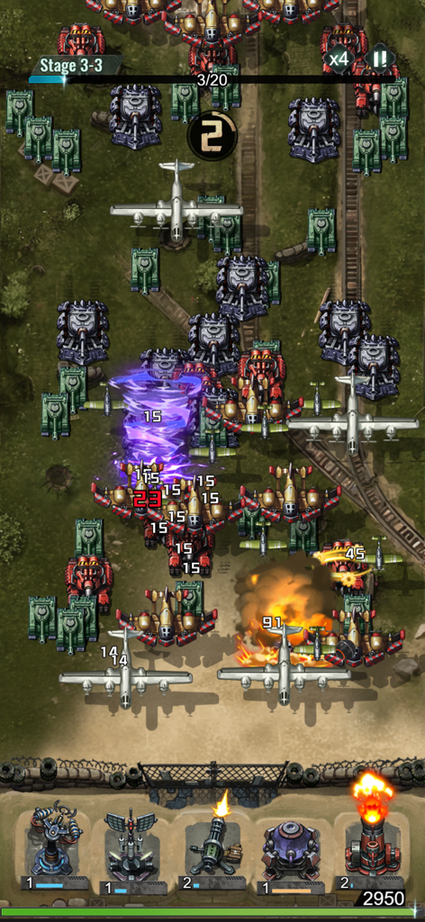 Last Bunker: 1945 - Last Bunker 1945 mobile game screenshot showing waves of WWII tanks and planes attacking defensive turrets with special abilities and explosions