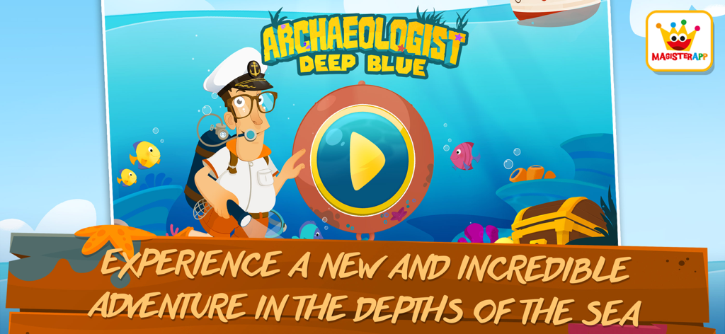 Écran d'introduction du jeu Archaeologist Deep Blue présentant un personnage en tenue de plongée sous l'eau avec un grand bouton de lecture