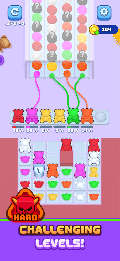Knit Craze: Color Wool Sort - Gameplay screenshot of Knit Craze showing colorful yarn balls being sorted into bear shaped bobbins on a challenging level