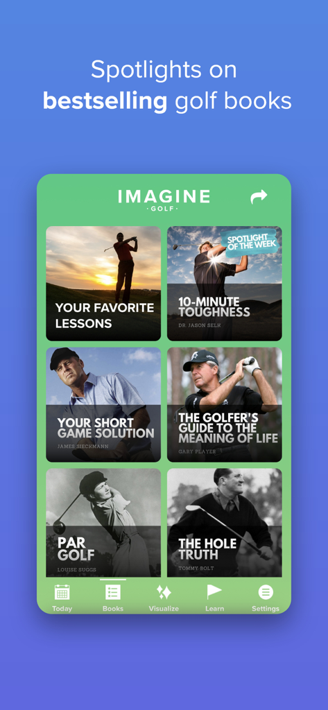 Imagine Golf app interface displaying a curated library of bestselling golf books and mental performance lessons