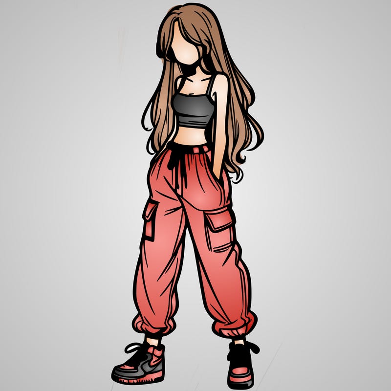 girl in baggy pants crop top and long hair