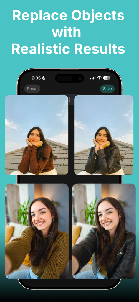 AI Object Removal - Bildschirm der KI-Objektentfernungs-App, der den realistischen Austausch von Kleidung auf zwei Porträtfotos mit KI zeigt
