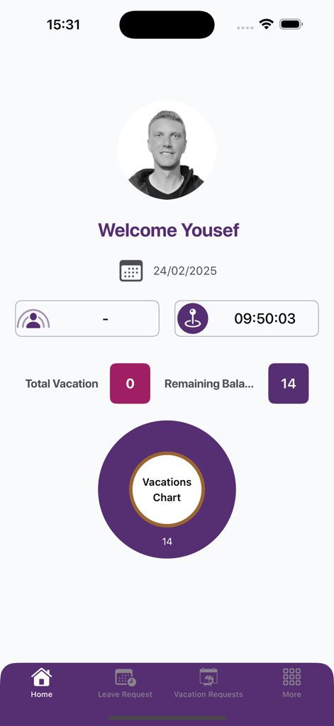 Pantalla de inicio de la aplicación Smart-Time que muestra el saldo de vacaciones de los empleados y el panel de monitoreo operativo