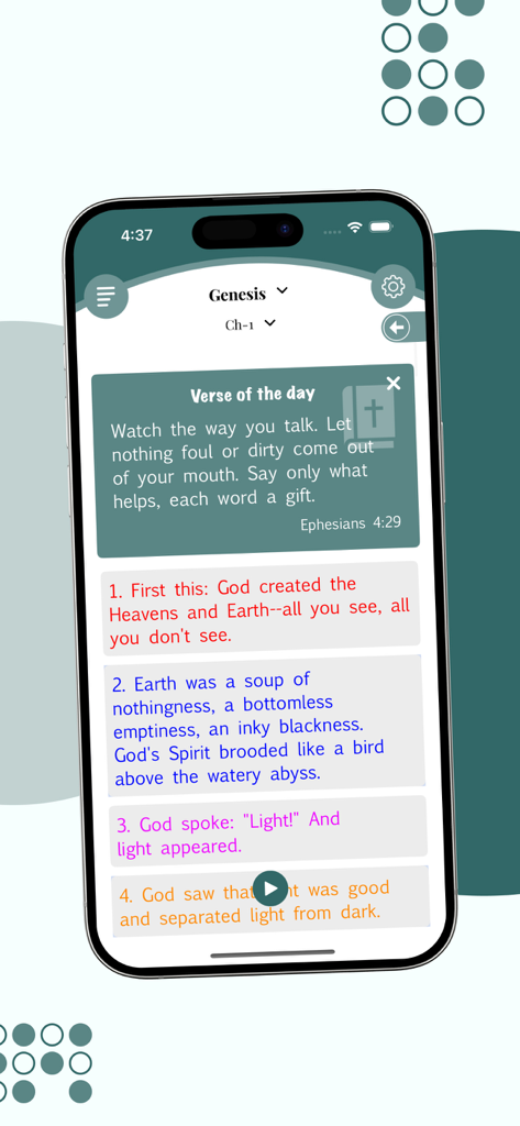 Smartphone screen displaying the Message Bible MSG app with daily verse and Genesis text.