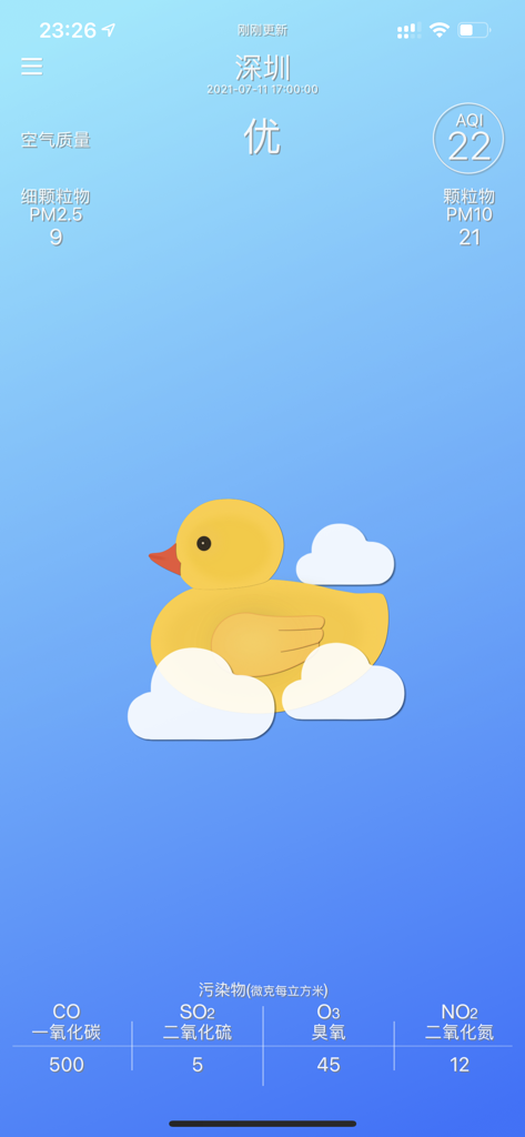AirDuck 空气鸭 - 懂空气质量的鸭子 - AirDuck app interface displaying an AQI of 22 and real-time pollutant levels with a cute yellow duck mascot sitting on clouds.