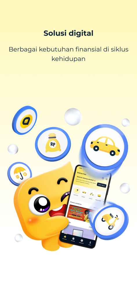 Adiraku mascot holding a smartphone with financial service icons for loans and insurance