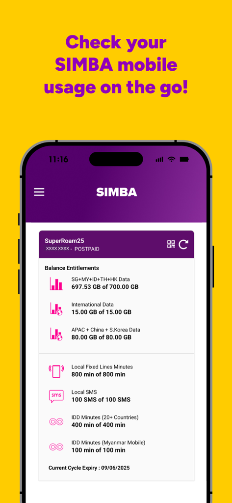 Interface of My SIMBA app displaying mobile data roaming, local minutes, and SMS balance entitlements.