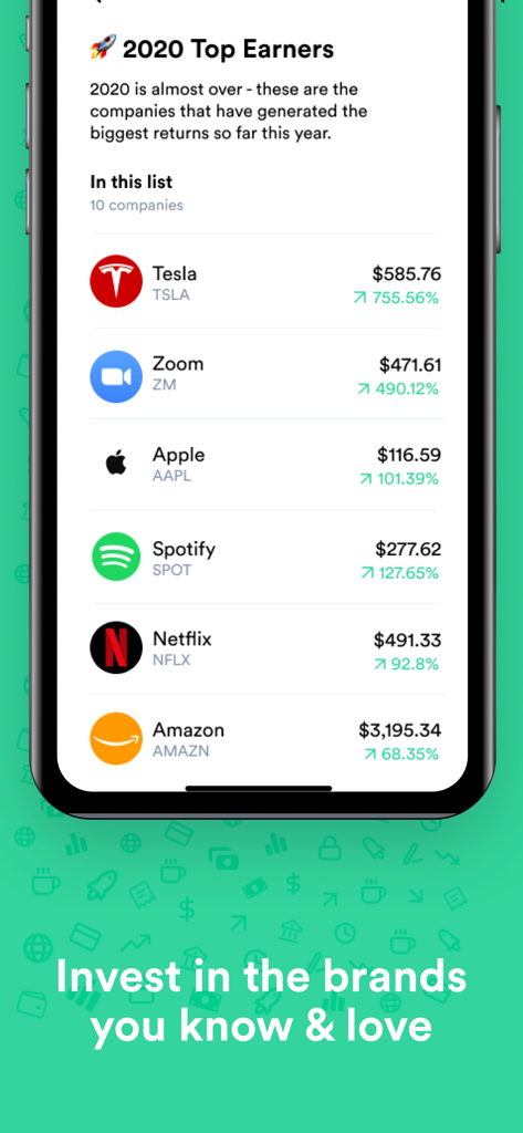 Gotrade - Invest in US stocks - Gotradeモバイルアプリの画面。TeslaやAppleのようなトップ収益銘柄のリストと、「知っている、愛しているブランドに投資しよう」というメッセージを表示。