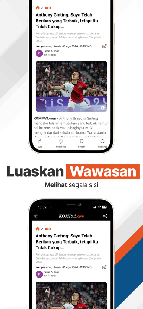KOMPAS.com: Berita Terpercaya - Pantallas de smartphone mostrando artículos de noticias indonesias de la aplicación KOMPAS.com con el lema Luaskan Wawasan.