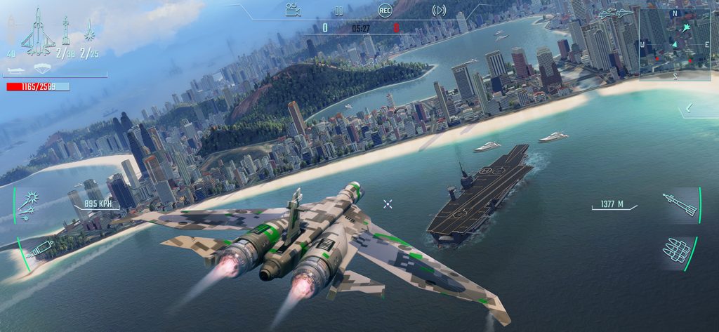 Sky Gamblers - Infinite Jets - Camouflaged jet fighter flying over a coastal city and an aircraft carrier in Sky Gamblers Infinite Jets