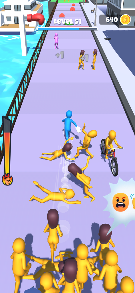 Slap And Run - Gameplay of Slap And Run showing a blue character slapping yellow pedestrians on a pier