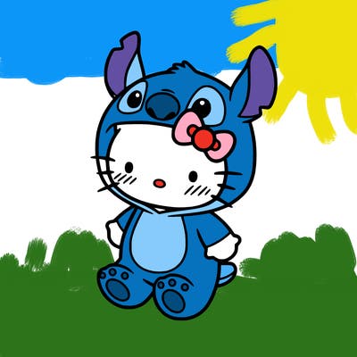 little cute hello kitty, blushing with little stitch costume