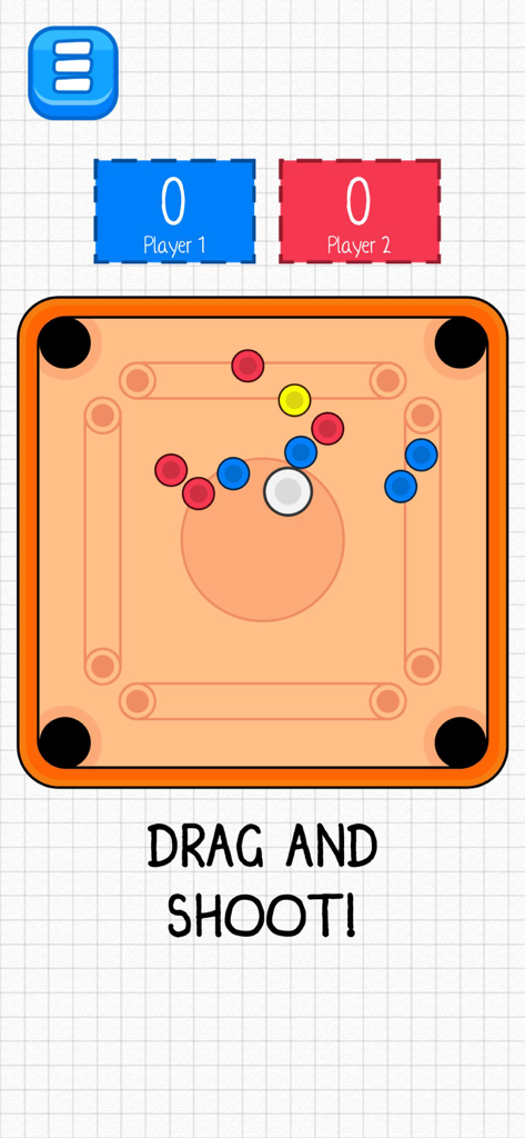 A simple carrom-style tabletop disc shooting mini game with two player score tracking and easy drag controls.