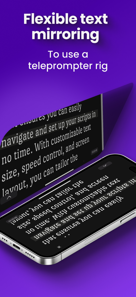 iPhone exibindo texto de roteiro espelhado para rigs de teleprompter profissionais