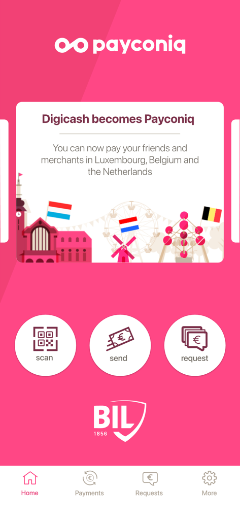 Tela de boas-vindas do aplicativo móvel BIL Payconiq mostrando opções de escanear, enviar e solicitar pagamento para o Benelux