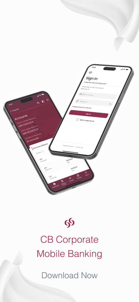 CB Corporate Banking - Mobile phones displaying the CB Corporate Banking app sign-in and account balance screens