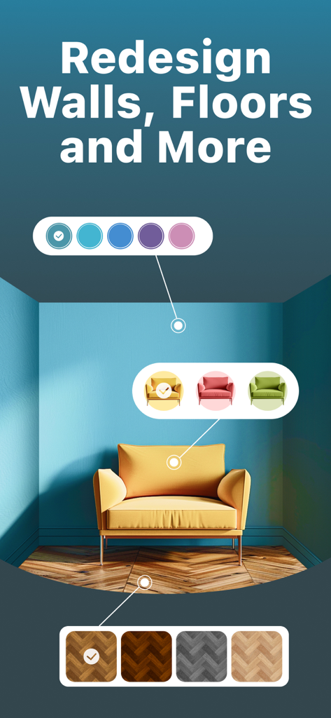Deko: AI Home Design & Remodel - AI interior design app interface for customizing walls floors and furniture styles