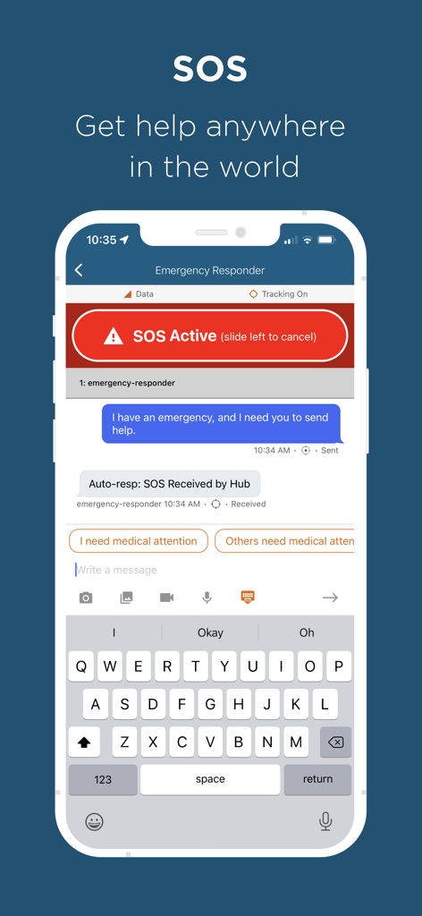 EVERYWHERE App - Smartphone screen showing the active SOS feature and emergency responder chat in the EVERYWHERE App