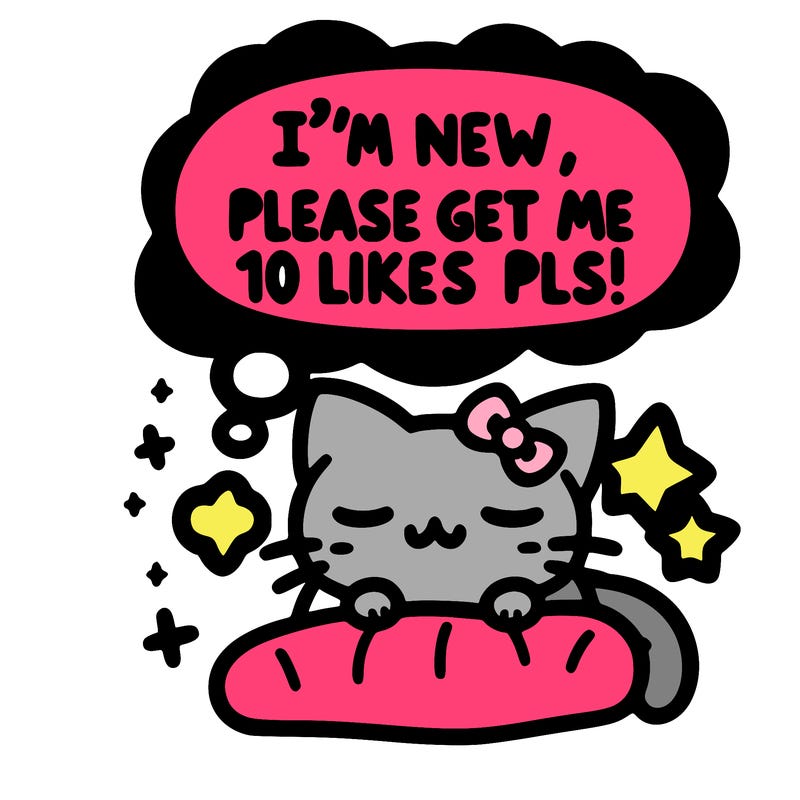 kitty taking a nap dream talking and saying "i'm new, please get me at least 10 likes pls!!"