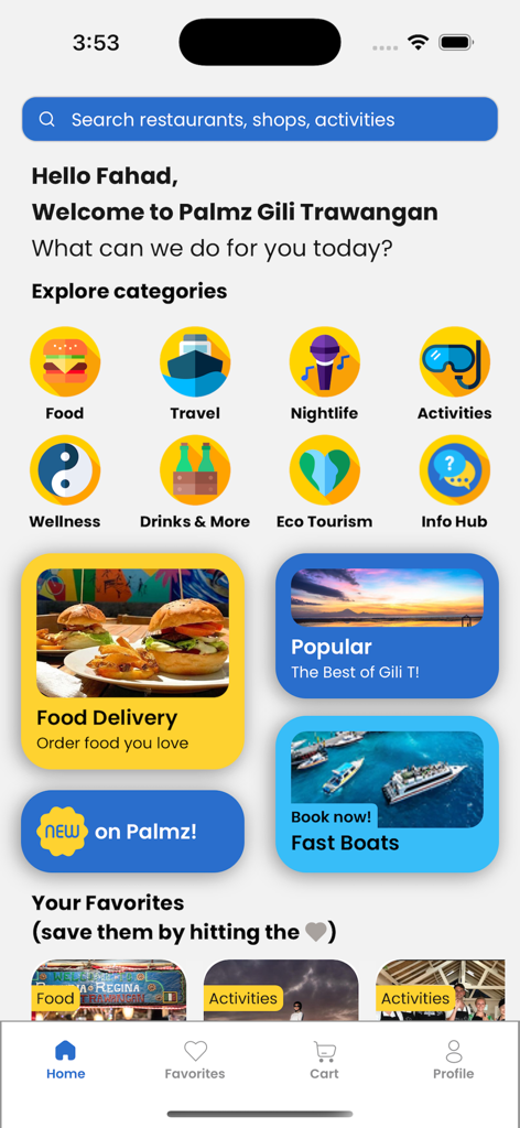Palmz - Home screen of the Palmz mobile app for Gili Trawangan featuring categories for food delivery boat travel and island activities