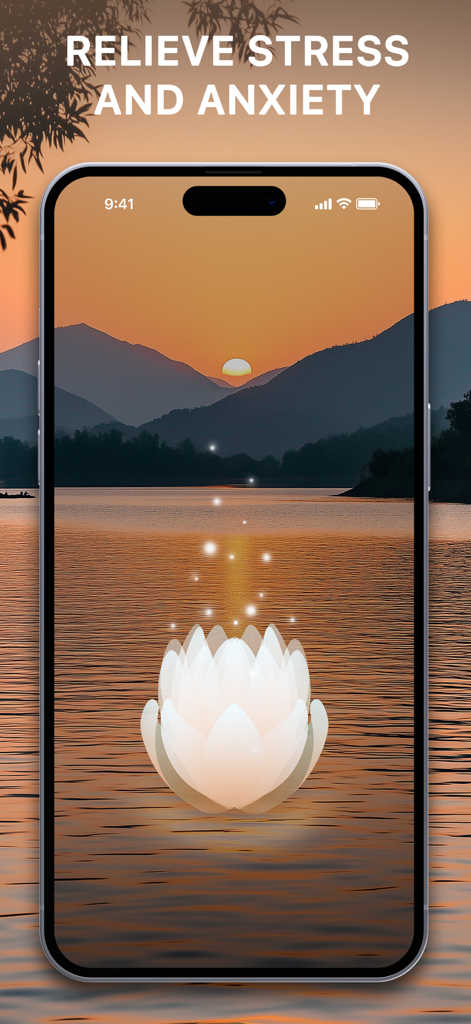 A serene sunset landscape with a glowing lotus flower on a lake to relieve stress and anxiety