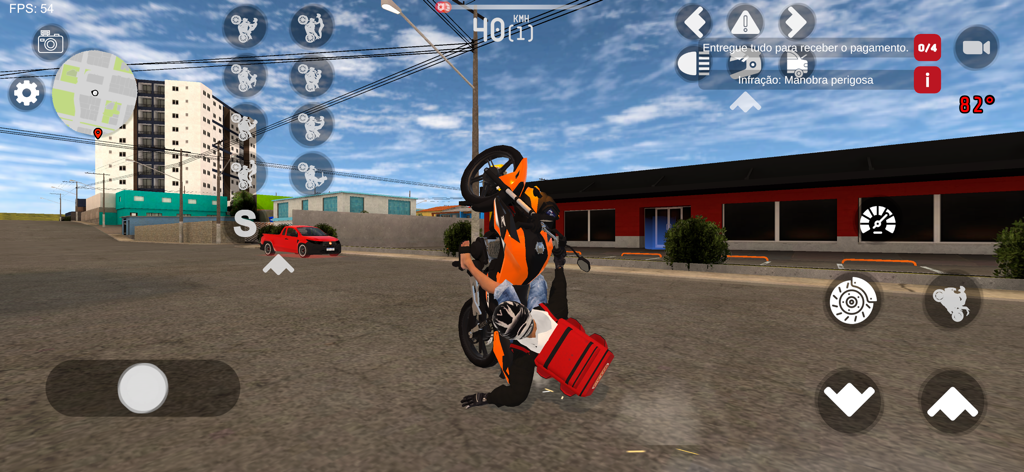 Una motocicleta realizando un caballito vertical en una calle urbana brasileña